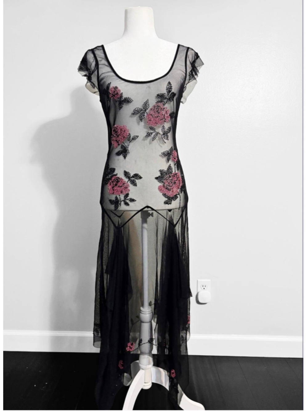 Vintage Rare Beaded Floral Mesh Maxi Midi Dress - Picture 2 of 5